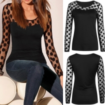 Sexy Dots Gauze Spliced Long Sleeve Round Neck T-shirt