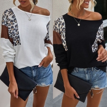 Fashion Leopard Printed Spliced Long Sleeve Round Neck T-shirt