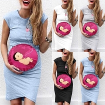 Cute Baby Printed Cap Sleeve Round Neck Maternity Dress