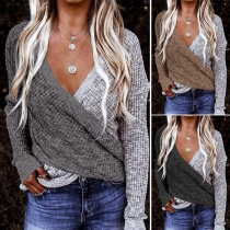 Sexy Crossover V-neck Long Sleeve Contrast Color T-shirt