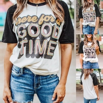 Fashion Contrast Color Short Sleeve Round Neck Letters Printed T-shirt