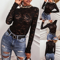Sexy Long Sleeve Mock Neck Hollow Out Lace Top