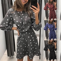 Fashion Long Sleeve Round Neck Dots Printed Twisted Dress