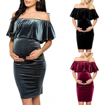 Sexy Off-shoulder Ruffle Boat Neck Solid Color Maternity Dress