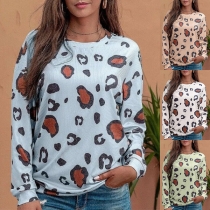 Fashion Leopard Printed Long Sleeve Round Neck T-shirt
