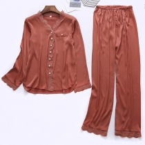 Fashion Solid Color Long Sleeve V-neck Top + Pants Nightwear Set