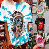 Chic Style Colorful Printed Short Sleeve Round Neck T-shirt