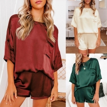 Simple Style Short Sleeve Round Neck Top + Shorts Pajamas Home-wear Set