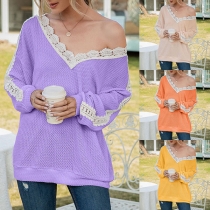 Fashion Lace Spliced Long Sleeve V-neck Top