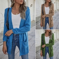 Fashion Solid Color Long Sleeve Front-pocket Thin Knit Cardigan