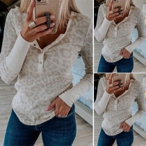Fashion Long Sleeve Round Neck Leopard Printed T-shirt