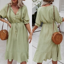 Fashion Solid Color Half Sleeve V-neck High Waist Dress