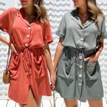 Fashion Solid Color Short Sleeve Notched Lapel Single-breasted Dress