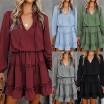 Fashion Solid Color Lantern Sleeve V-neck Ruffle Hem Dress