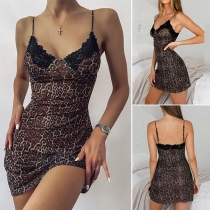 Sexy Backless V-neck Lace Spliced Leopard Printed Sling Nightwear Dress