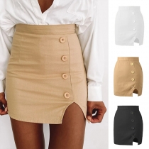 Fashion Solid Color High Waist Slit Hem Slim Fit Skirt