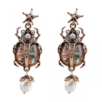 Retro Style Pearl Rhinestone Inlaid Lady Beetle Shaped Earrings