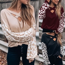 Fashion Leopard Printed Long Sleeve Crossover V-neck T-shirt