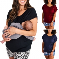 Simple Style Short Sleeve Round Neck Solid Color Breastfeeding T-shirt