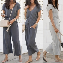 Fashion Solid Color Short Sleeve Round Neck High Waist Jumpsuit
