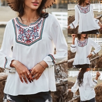 Bohemian Style Long Sleeve Round Neck Embroidered T-shirt