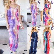 Sexy Backless Slit Hem Tie-dye Printed Sling Dress