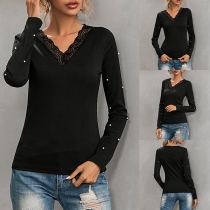 Fashion Solid Color Long Sleeve Lace Spliced V-neck T-shirt