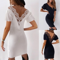 Sexy Lace Spliced Backless V-neck Short Sleeve Solid Color Dress