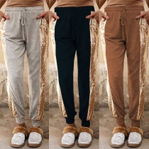 Fashion Sequin Spliced Drawstring Waist Sports Pants