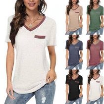 Fashion Contrast Color Short Sleeve V-neck T-shirt