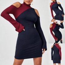 Sexy Off-shoulder Long Sleeve Mock Neck Contrast Color Slim Fit Dress