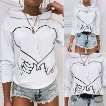Fashion Long Sleeve Hooded Heart Printed Sweatshirt