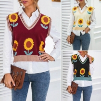 Fashion Sunflower Printed Sleeveless V-neck Knit Vest