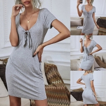 Fashion Solid Color Short Sleeve Knotted V-neck Dress