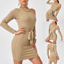 Sexy Oblique Shoulder Long Sleeve Solid Color Lace-up Dress