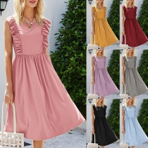 Fashion Solid Color Sleeveless Round Neck High Waist Ruffle Dress