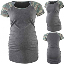 Fashion Camouflage Spliced Short Sleeve Round Neck Maternity T-shirt