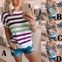 Fashion Short Sleeve Round Neck Striped Knit T-shirt