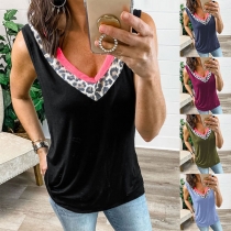 Fashion Leopard Spliced Sleeveless V-neck Top