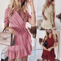 Sweet Style Short Sleeve V-neck Irregular Ruffle Hem Printed Dress