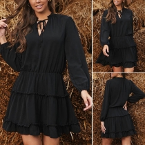 Fashion Solid Color Long Sleeve V-neck Ruffle Hem Dress