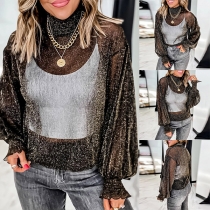 Sexy Lantern Sleeve Mock Neck See-through Gauze Smock