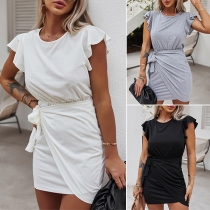 Fashion Lotus Sleeve Round Neck Solid Color Dress