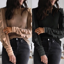 Fashion Solid Color Long Sleeve Round Neck Ruffle T-shirt