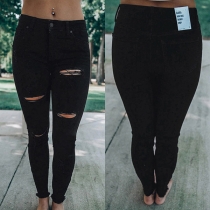 Fashion Solid Color High Waist Slim Fit Ripped Pants