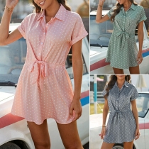Fashion Short Sleeve POLO Collar Dots Printed Lace-up Dress