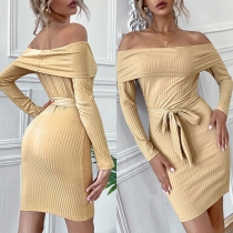 Sexy Off-shoulder Boat Neck Long Sleeve Slim Fit Dress