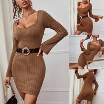 Sexy Low-cut Long Sleeve Solid Color Slim Fit Dress