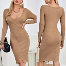 Sexy V-neck Slit Hem Long Sleeve Solid Color Knit Dress