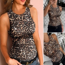 Fashion Leopard Printed Sleeveless Round Neck Top